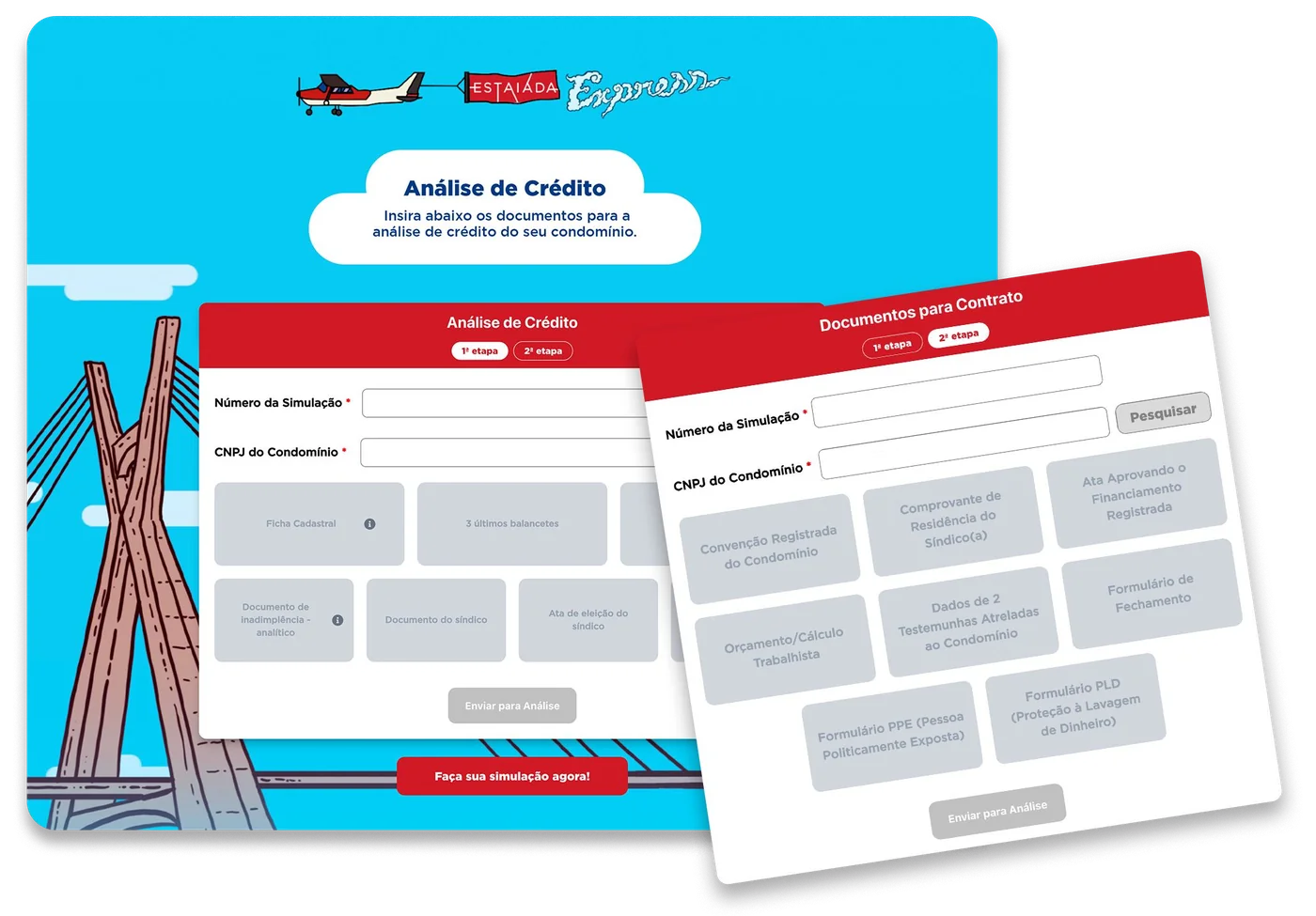 Telas de envio de documentos para análise de crédito da Estaiada Express
