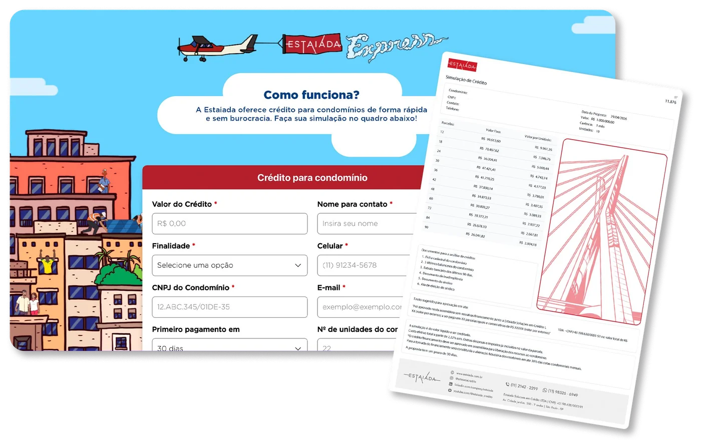 Tela do simulador de crédito da Estaiada Express e proposta em PDF