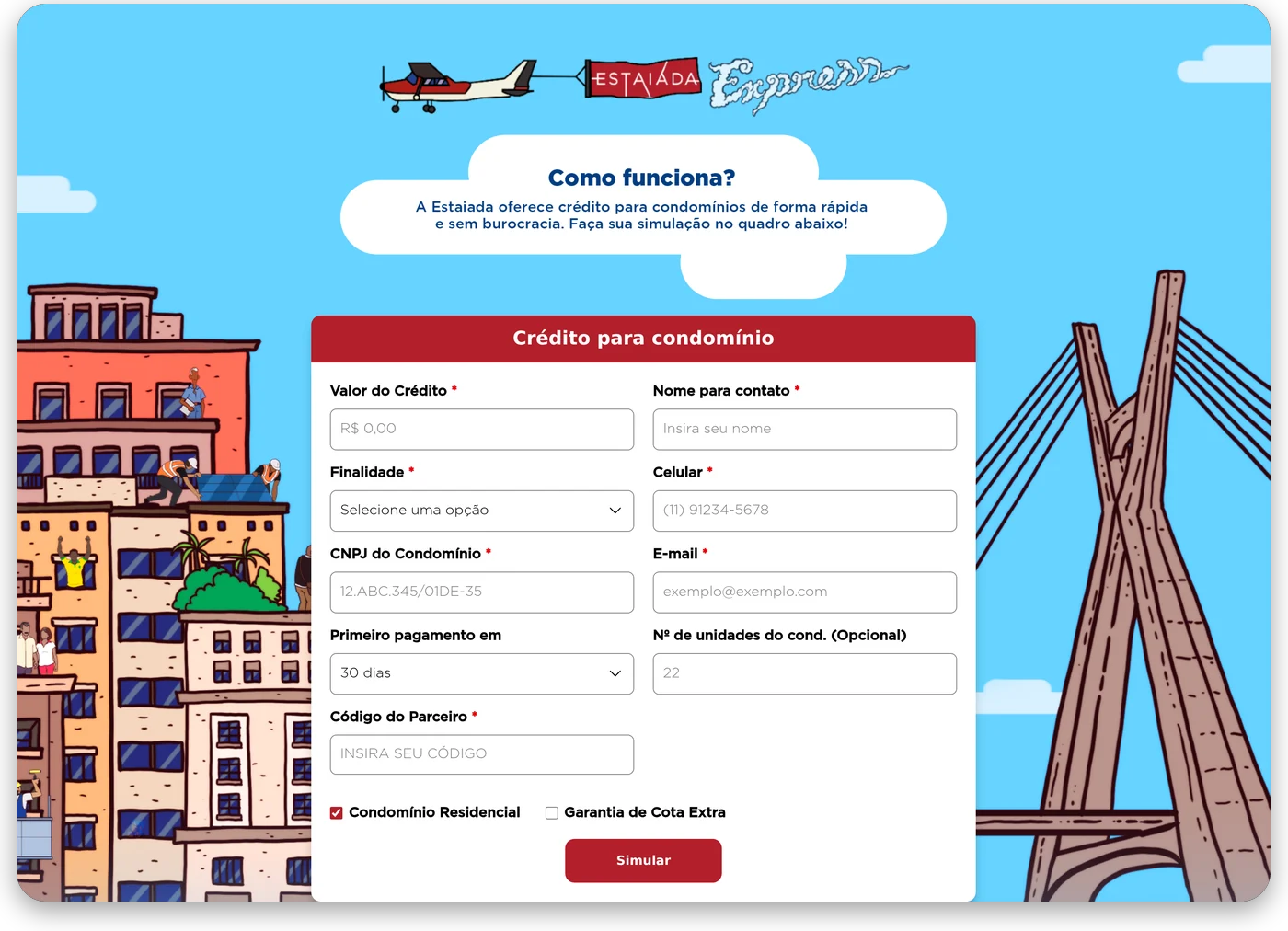 Tela do simulador de crédito para parceiros da Estaiada Express, com o campo de código do parceiro